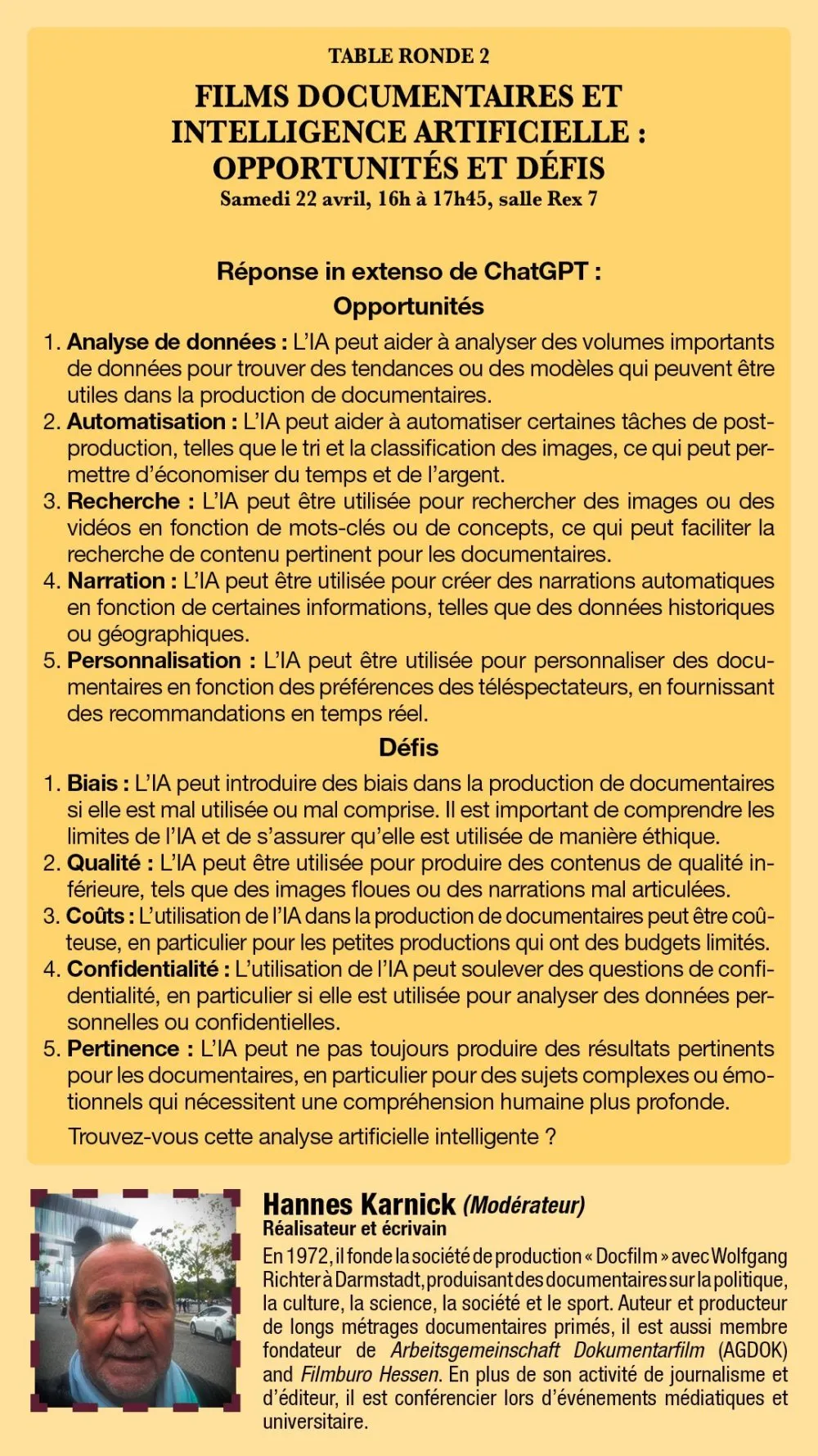 Table ronde « Film documentaire et intelligence artificielle » (Festival Golden Tree - 7<sup class="typo_exposants">e</sup> édition) - 4 © Benoît Labourdette 2023.